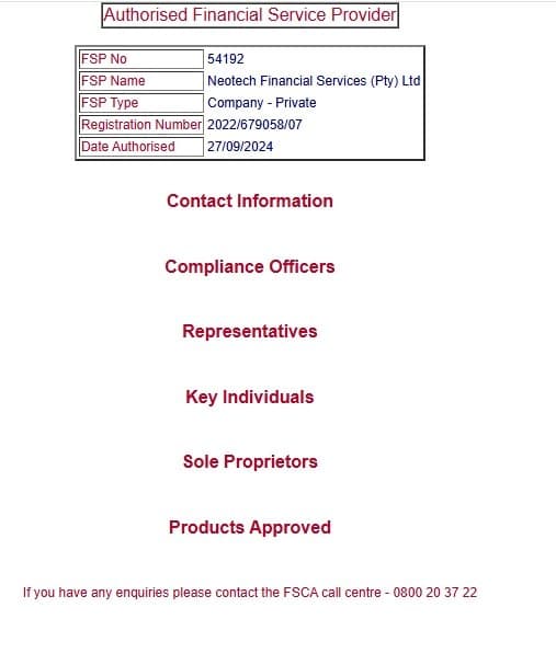 “Neotech Financial Services (Pty) Ltd” is indeed on the FSCA's authorized list