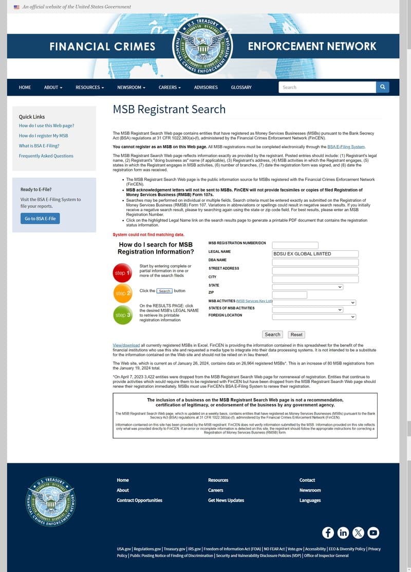 BDSU EX's US MSB Regulation Inquiry