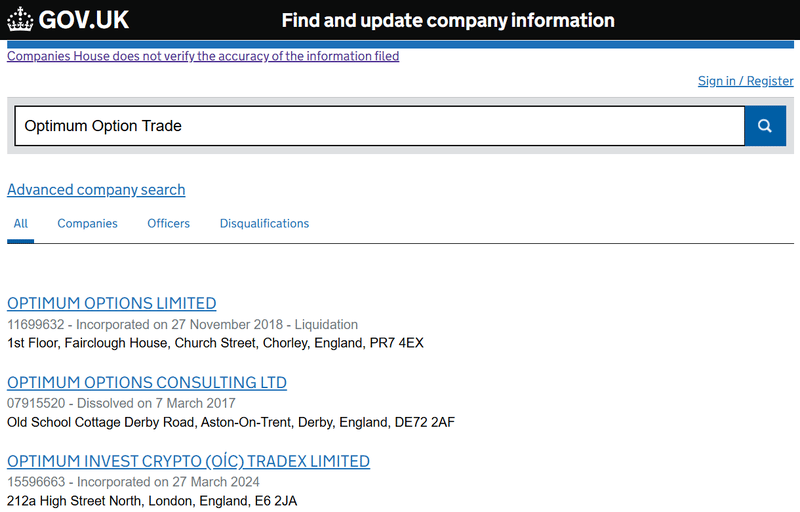 Resultado de la consulta en Companies House