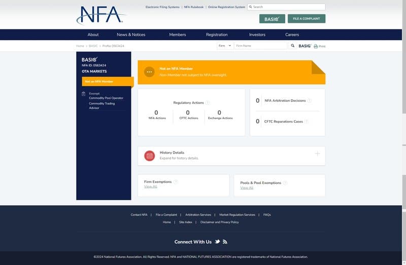 OTA MARKETS NFA regulatory inquiry