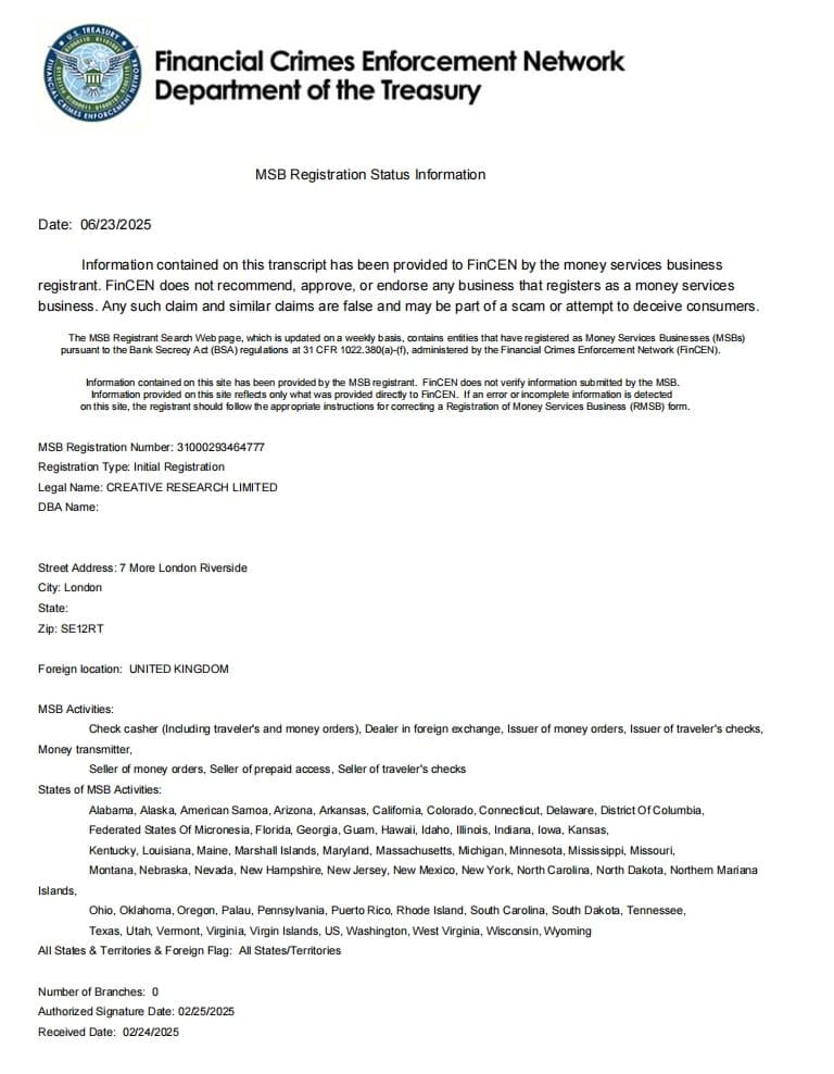 CREATIVE Research Limited MSB License