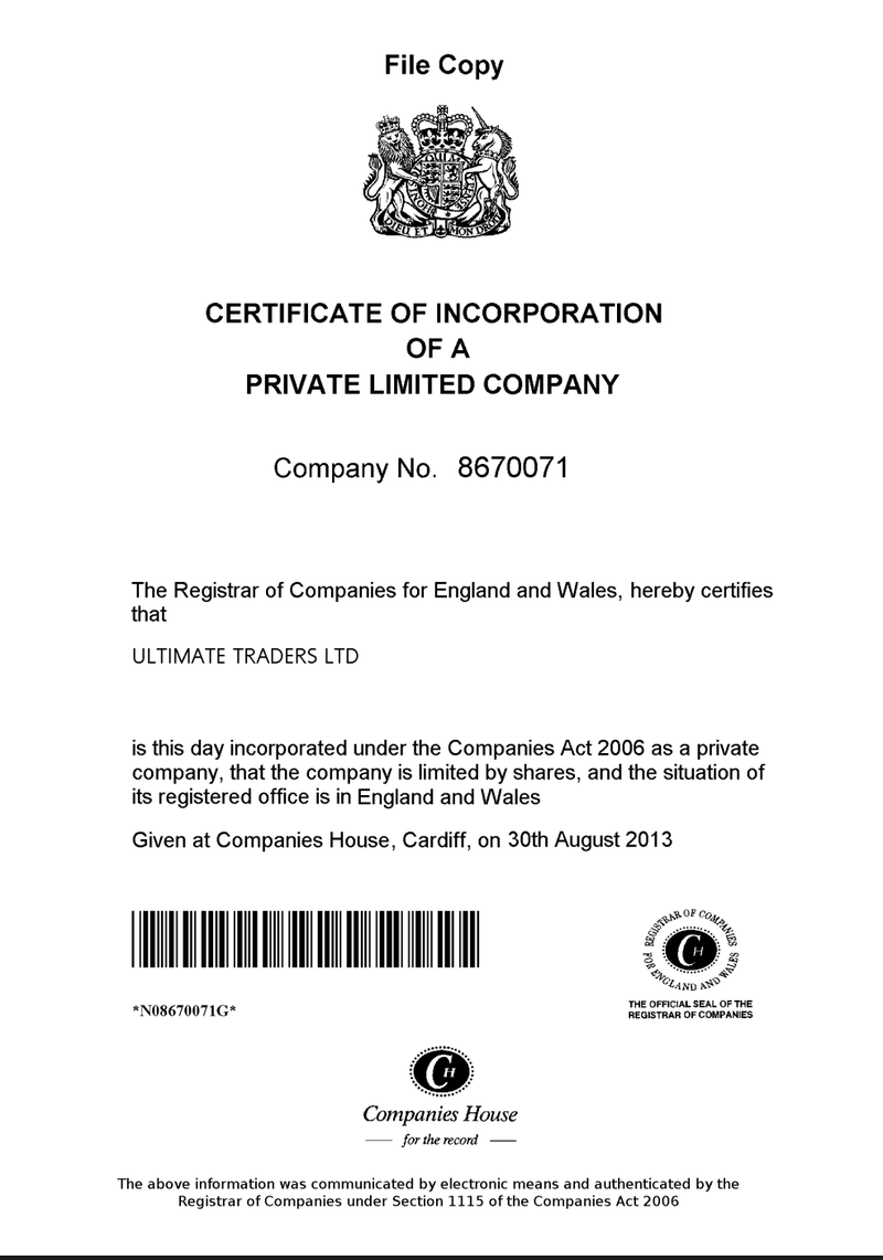 Company Registration Certificate Displayed by Platform