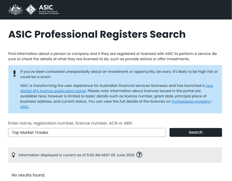 Resultado de la consulta en ASIC