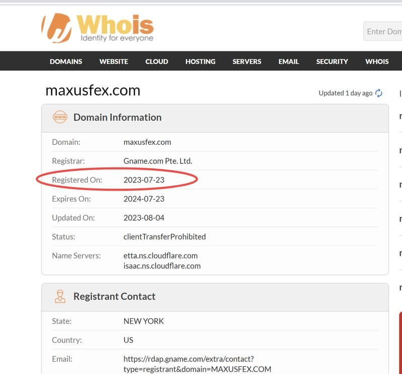Maxus的Whois域名注册时间截图