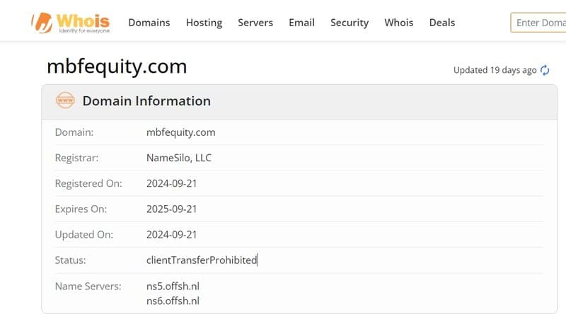 whois domain time of MBFequity