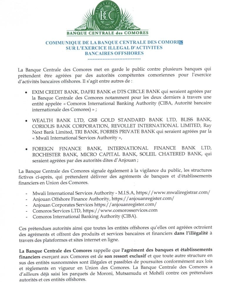 Previous statements by the Central Bank of Comoros