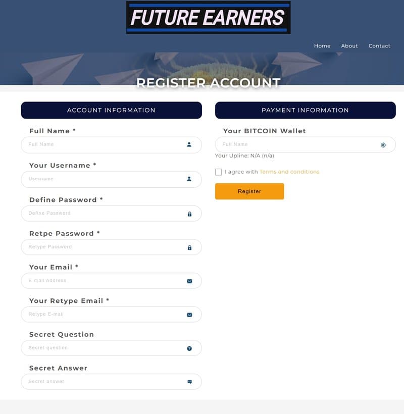 Процесс регистрации аккаунта в FUTURE-EARNERS