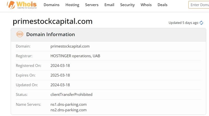 whois domain time of Primestockcapital