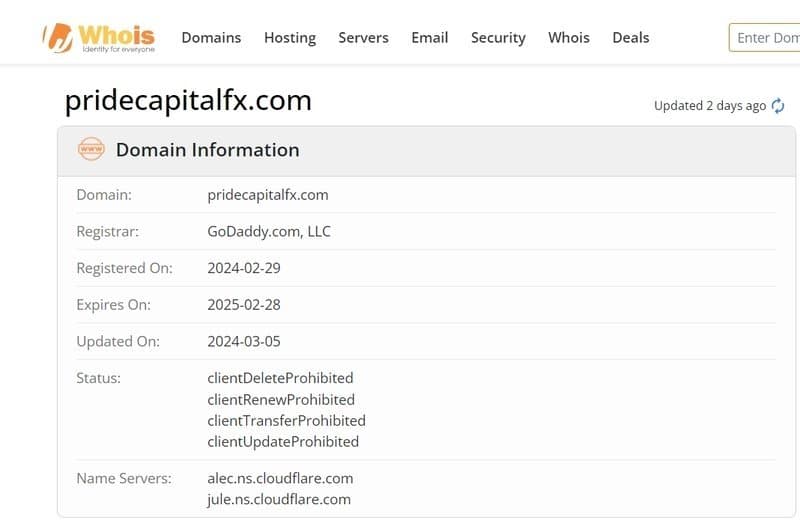 Pride Capital FX registration information on whois