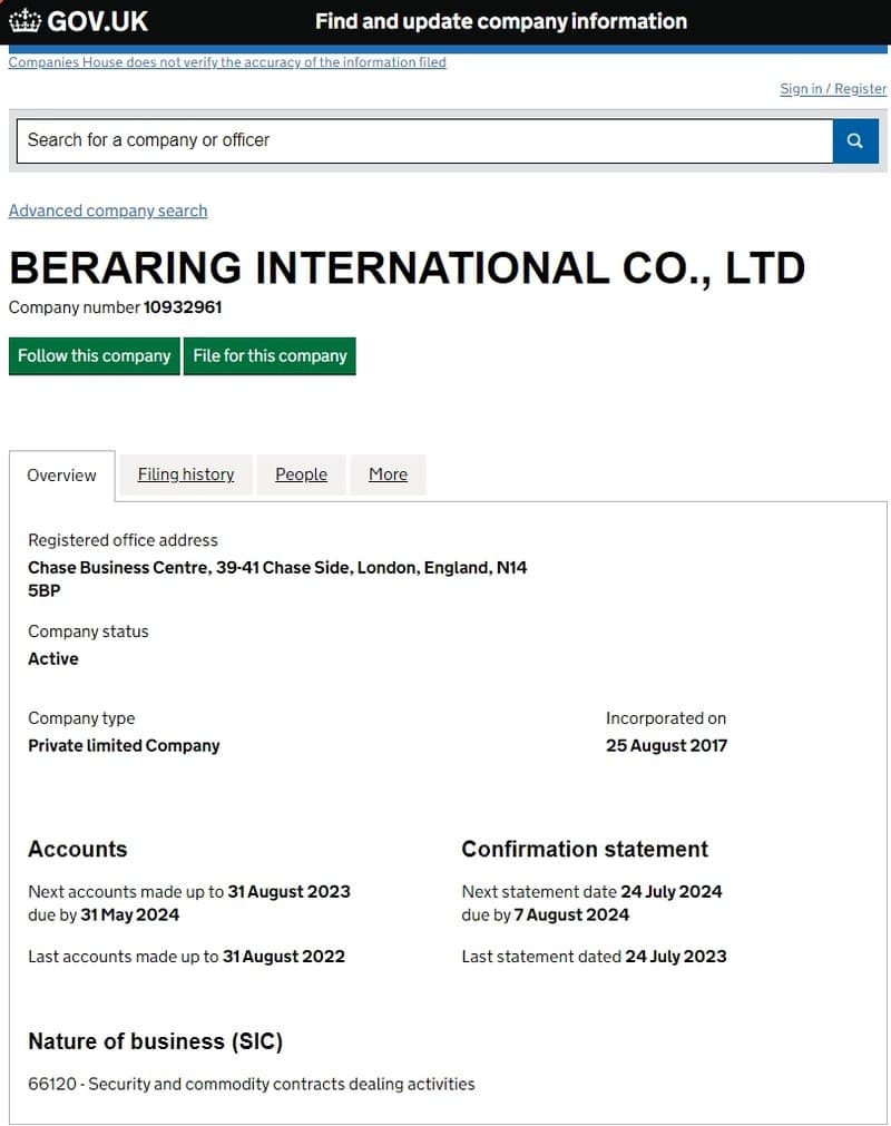 Beraring International Co., Ltd's registration information