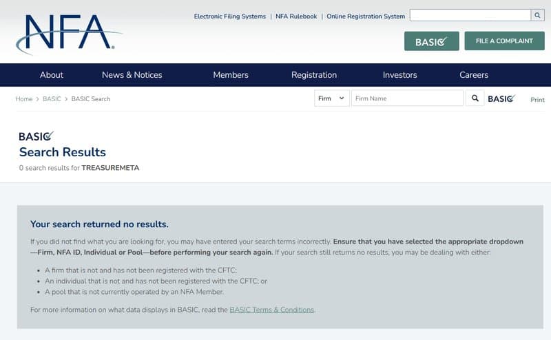 U.S. National Futures Association (NFA) Found No Regulatory Information