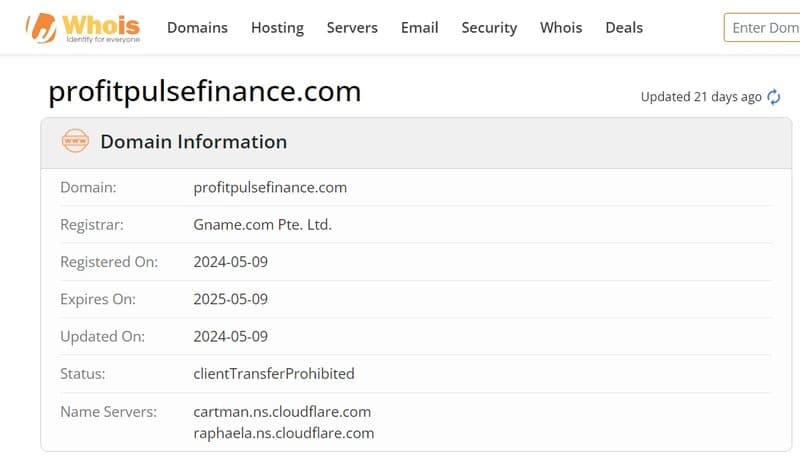 เวลาจดทะเบียนโดเมนของเว็บไซต์ Profit Pulse Finance