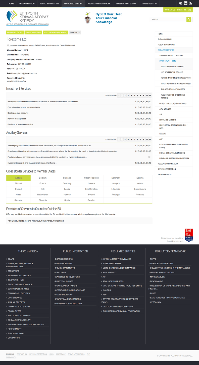 ForexTime Ltd CySEC Regulation and Registration Information