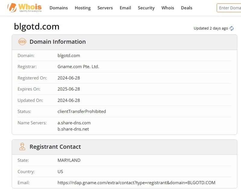 BLGOTD registration information on whois