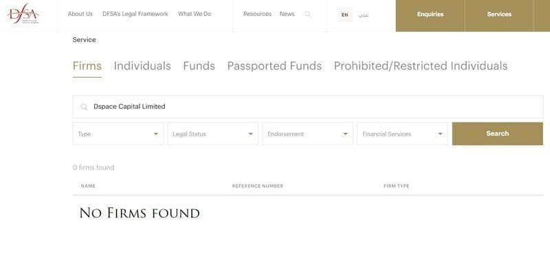 Dspace Capital Limited未获得迪拜金融服务监管局（DFSA）的许可