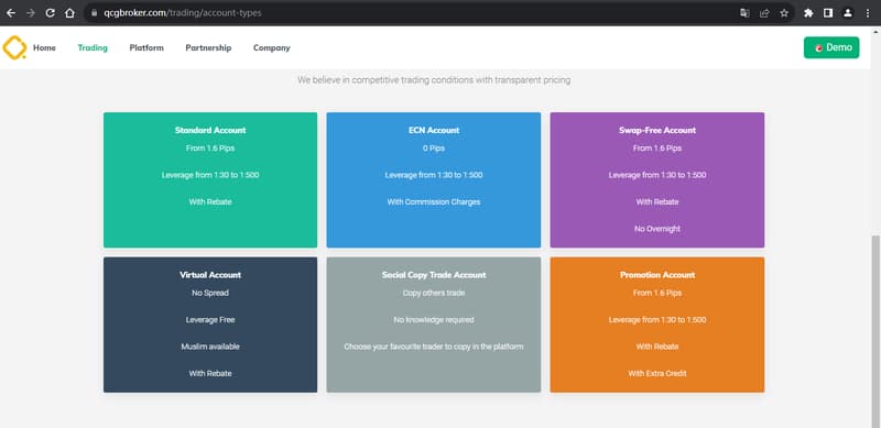 Tipos de cuentas de negociación mostrados en el sitio web oficial