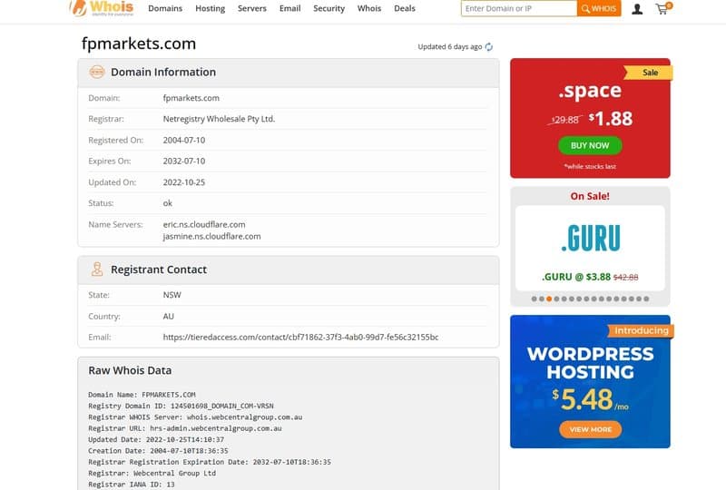 Время регистрации домена FP Markets в whois