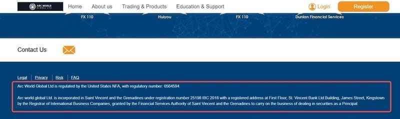 Arc World Global Ltd's website claims an NFA license