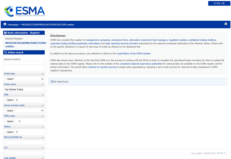 Resultado de la consulta en ESMA