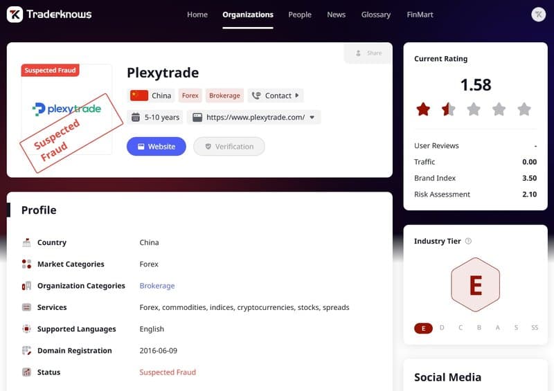 현재 Plexytrade는 거래원 백과사전에서 '사기 의심'으로 표시되어 있습니다.