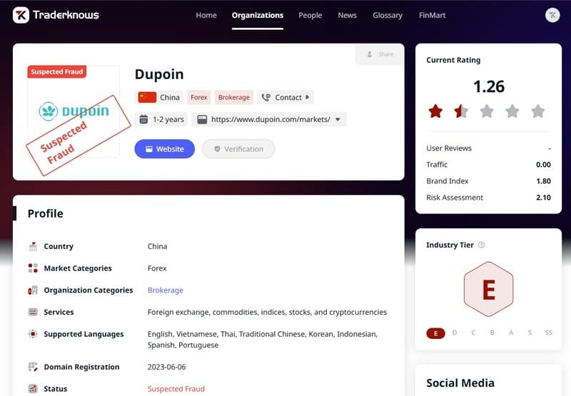 Currently, Dupoin is listed as 'suspected scam' on Trading Circle Encyclopedia.