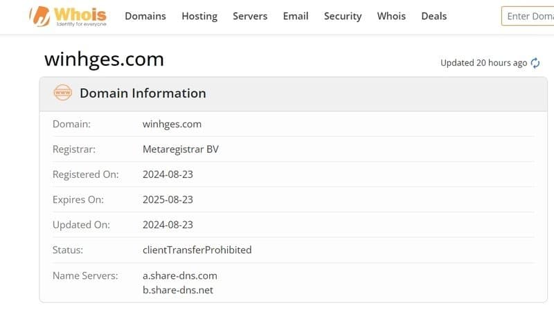Information on WIN HG's website registration time on whois