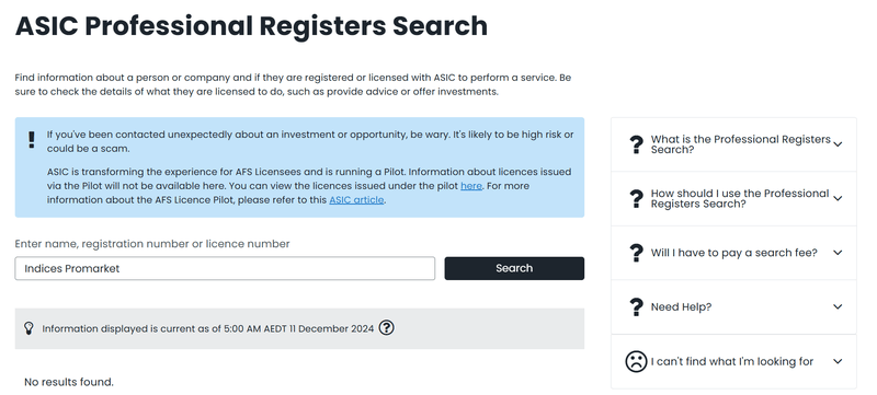 Indices Promarket ASIC