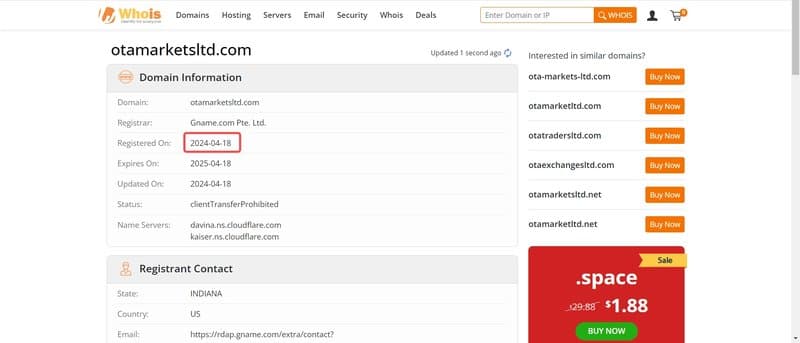 OTA MARKETS domain registration time