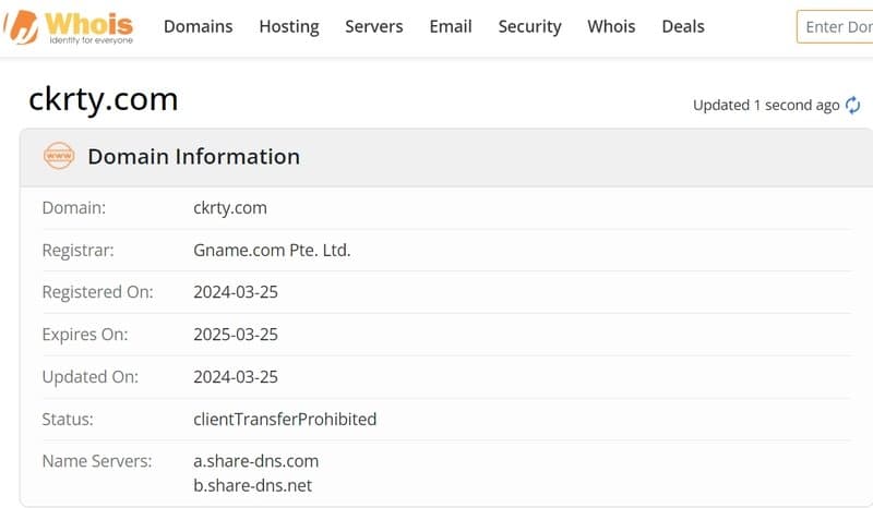 CKRTY's website registration information on whois