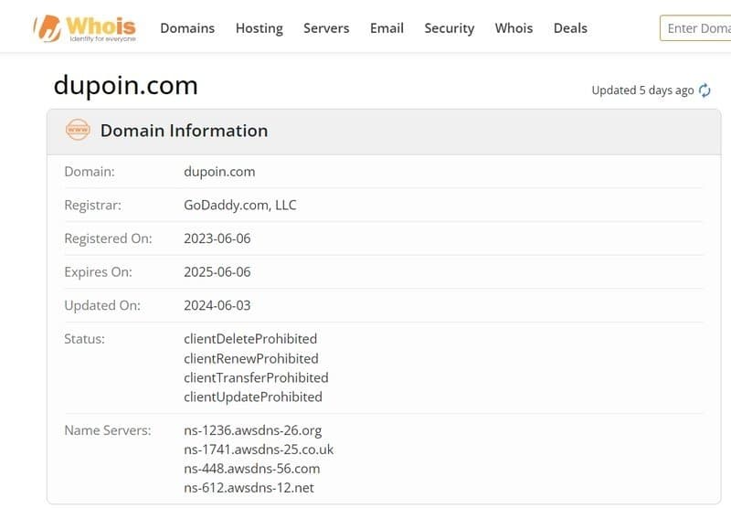 The registration information of Dupoin's official website on whois