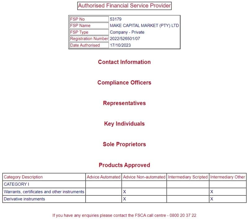 Make Capital's regulatory information on FSCA