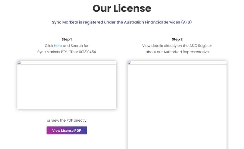 Sync Markets อ้างว่ามีใบอนุญาตเป็นตัวแทนที่ได้รับอนุญาต (AR) จากคณะกรรมการหลักทรัพย์และการลงทุนออสเตรเลีย (ASIC)