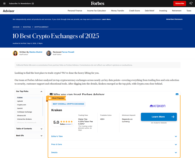 Forbes' 2025 Top 10 Best Cryptocurrency Exchanges List