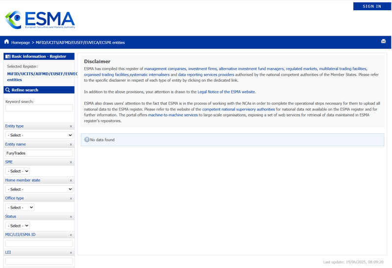 Результат запроса ESMA