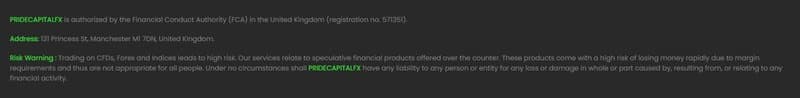 Pride Capital FX listed operating address
