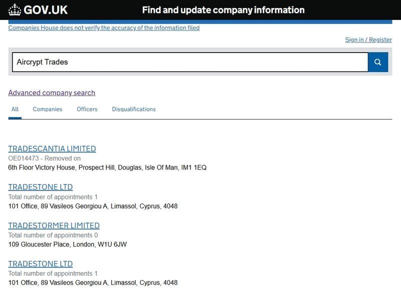 英国会社登録局で見つからない“Aircrypt Trades”という会社