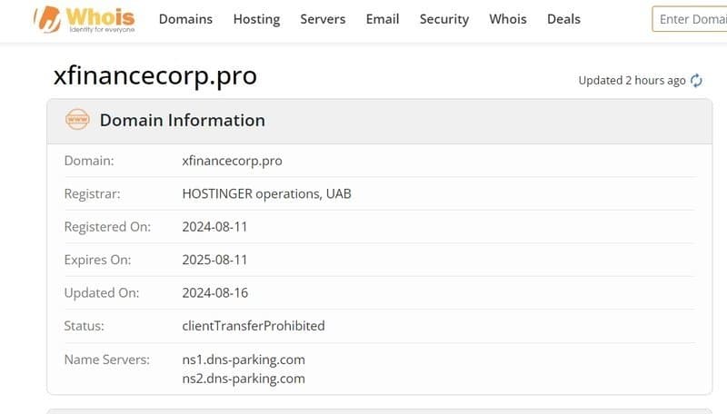 WHOIS information for X-Finance Corp's domain
