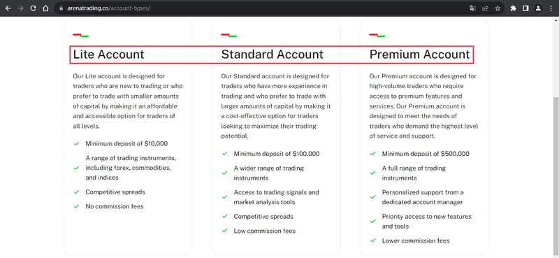 공식 웹사이트에 표시된 거래 계정 유형