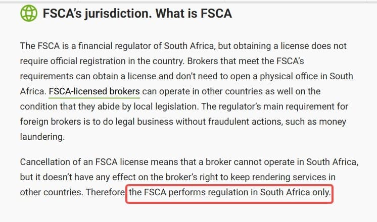 The FSCA is a national regulatory authority in South Africa, primarily effective within the country