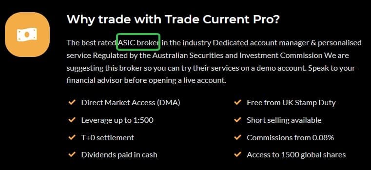 Trade Current Pro声称自己受到了澳大利亚证券和投资委员会（ASIC）的监管
