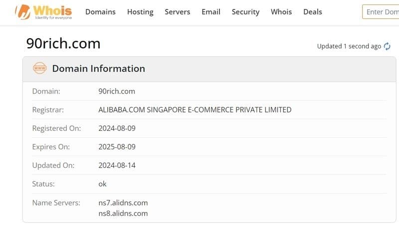 90RICH的官方网站在whois上的注册信息