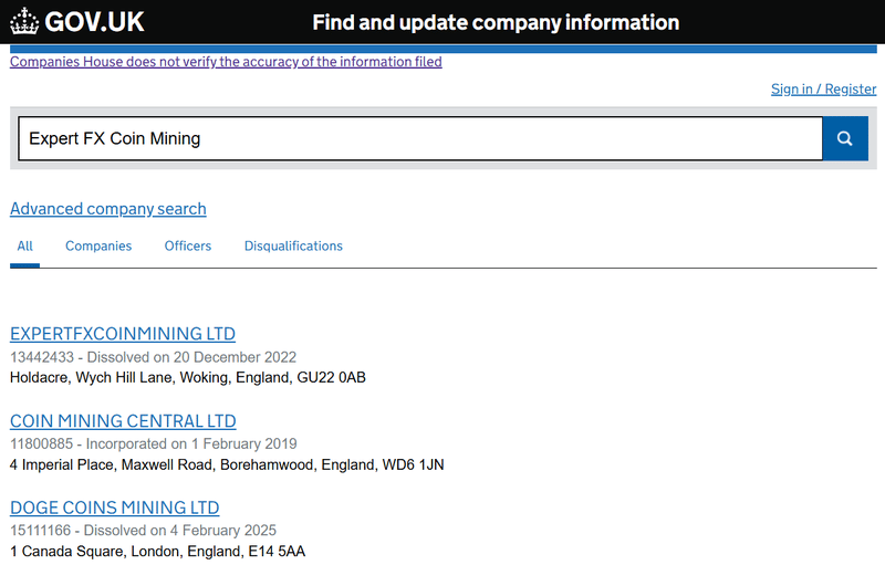 Результаты запроса в Companies House