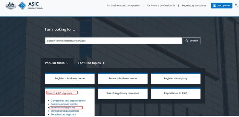 Click on Professional registers under Search ASIC registers to enter the search