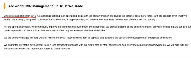 Arc World Global Ltd claimed establishment date