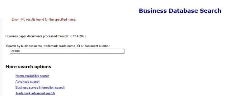 コロラド州公式商業データベースを検索しても、REXIQという名の会社の登録は見つからなかった