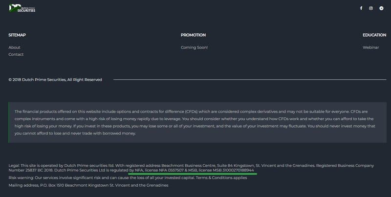 Regulatory statements on Dutch Prime Securities' website