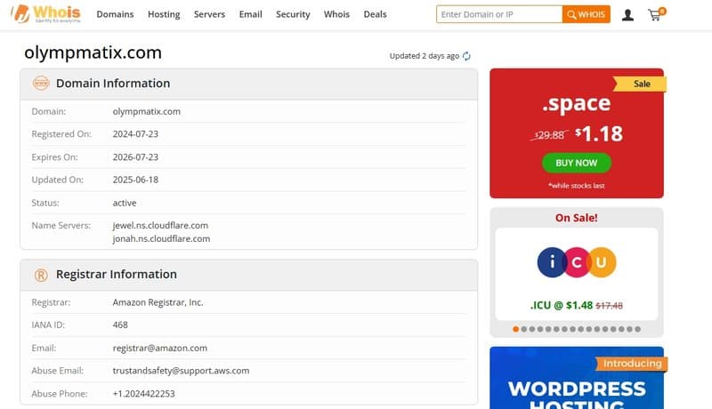 Olymp Matix official domain registration time