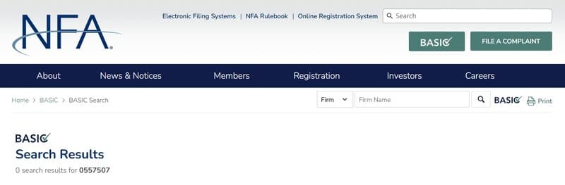 Dutch Prime Securities' NFA ID cannot be found on the NFA's website