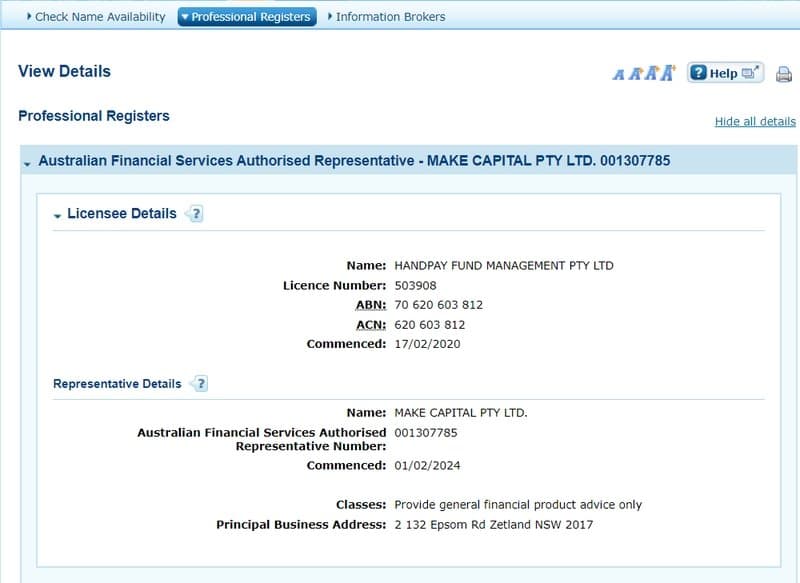 Make Capital's regulatory information on ASIC