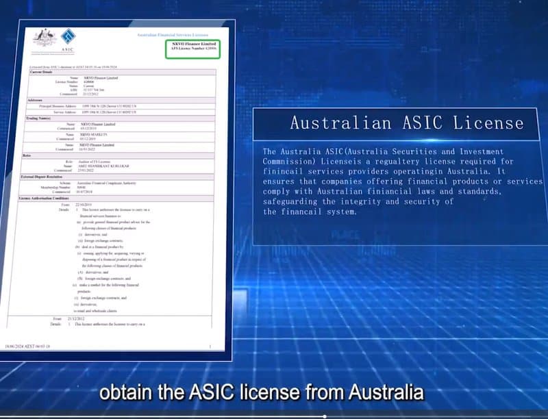 “ASIC” license from NKVO's website video